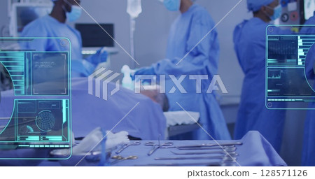 Image of data processing over diverse doctors with face masks during surgery Image of data processing over diverse doctors with face masks during surgery 128571126