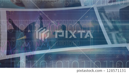 Image of binary coding and data processing on screens over people dancing 128571131