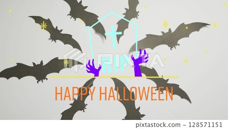 Image of happy halloween text over tombstone and bats 128571151