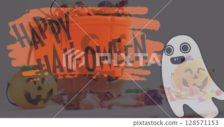 Image of happy halloween text with ghost over orange pumpkin buckets with sweets 128571153