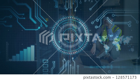 Image of scope scanning and computer circuit board over it technician by computer servers 128571173