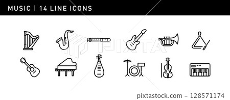 This set of 14 exquisite icons showcases a variety of instruments, including harp, saxophone, piano and drums, perfectly capturing the diversity and charm of music 128571174