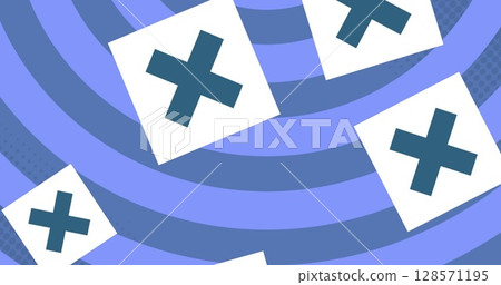 Image of white crosses falling over purple spinning circles 128571195