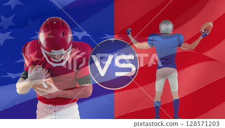 Image of american flag with two male american football players with vs text Image of american flag with two male american football players with vs text 128571203