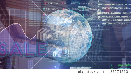 Image of financial data processing over people at the gas station 128571210