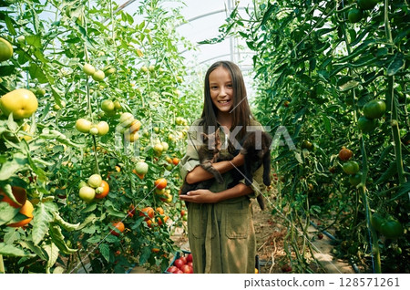 Black cats are in hands. Little girl is in the garden with tomatoes 128571261