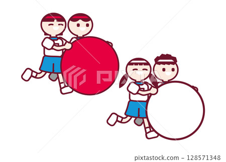 Children divided into white and red teams rolling a big ball at a sports day Children divided into white and red teams rolling a big ball at a sports day 128571348