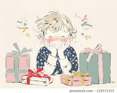 A child happy surrounded by presents 128571355