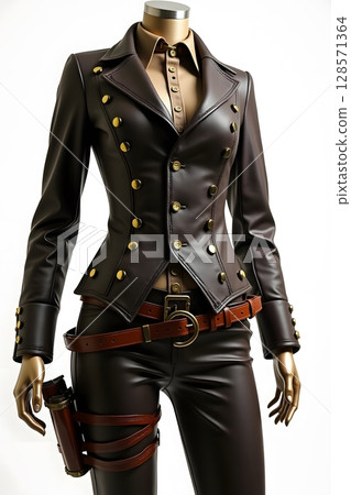 Elegant Steampunk Womens Pantsuit on Mannequin  Close Up on White Background 128571364