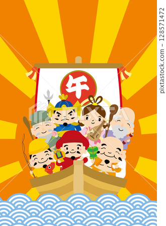 2026 年馬年新年賀卡，帶有七福神和日出/垂直，無文字，無線條 128571472