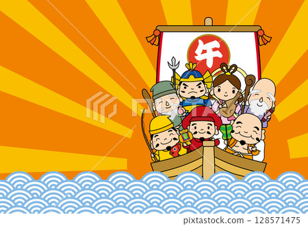 New Year's card for the Year of the Horse 2026 with the Seven Lucky Gods and the first sunrise / horizontal, no text, line 128571475