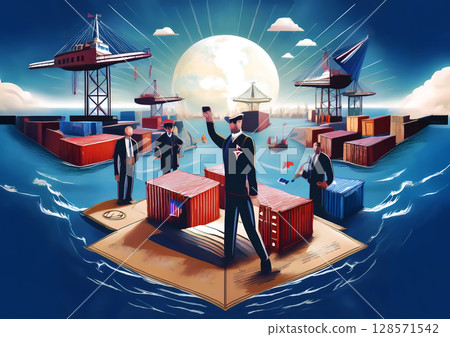 停泊在碼頭的貨櫃船的 3D 插圖 停泊在碼頭的貨櫃船的 3D 插圖 128571542
