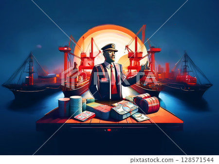 停泊在碼頭的貨櫃船的 3D 插圖 128571544