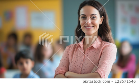 Teacher Smiling Confidently in a Vibrant Classroom With Engaged Students During a Lively Learning Activity 128571546