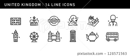 This set of 14 exquisite icons showcases the essence of British culture, including Big Ben, London Eye, subway, bus, Shakespeare and English black tea. This set of 14 exquisite icons showcases the essence of British culture, including Big Ben, London Eye, subway, bus, Shakespeare and English black tea. 128571563
