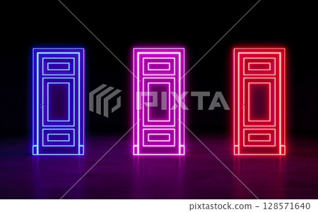 The door in the dark space. Colorful neon door. 3D rendering 128571640