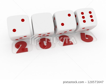 3d rendering of  white  dice on white   background. 2026  Merry Christmas and Happy New Year concept. 128571647