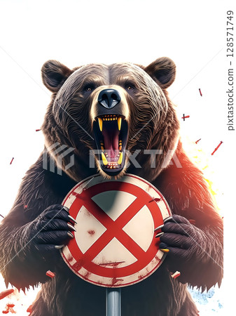 3d illustration of a no trespassing sign and a threatening ferocious bear 128571749