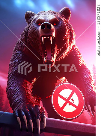 3d illustration of a no trespassing sign and a threatening ferocious bear 128571828