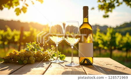 Enjoying white wine on the terrace - the joys of the harvest and the bounty of nature Enjoying white wine on the terrace - the joys of the harvest and the bounty of nature 128571969