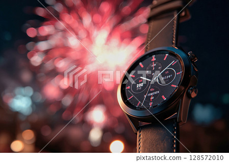 夏夜煙火中閃耀的智慧手錶特寫 128572010