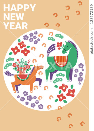 2026年馬年新年賀卡插圖（親子馬和馬的足跡） 128572189