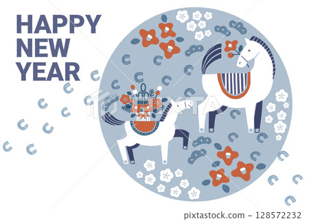 2026年馬年新年賀卡插圖（親子馬和馬的足跡） 128572232