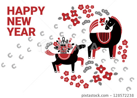 2026 Year of the Horse New Year's card illustration (parent and child horses and horse footprints) 2026 Year of the Horse New Year's card illustration (parent and child horses and horse footprints) 128572238