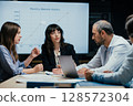 Business executives discussing startup investment losses in boardroom meeting 128572304