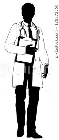 Doctor Man and Clipboard Medical Silhouette Person 128572350
