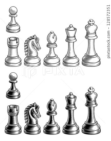 Chess Pieces Woodcut Icon Set 128572351