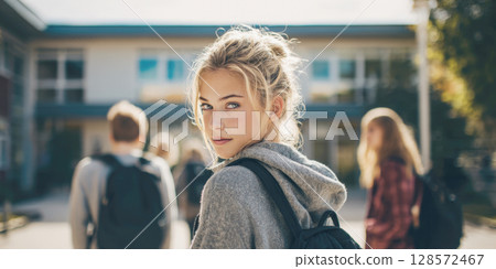 A thoughtful young woman with blonde hair looks back over her shoulder, her eyes engaging the viewer. She wears a grey hoodie and a backpack, with blurred students, building in the background 128572467