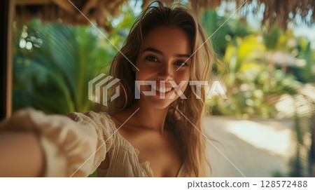 Young Woman Smiles Brightly in Tropical Setting With Lush Greenery, Capturing a Joyful Moment Outdoors 128572488
