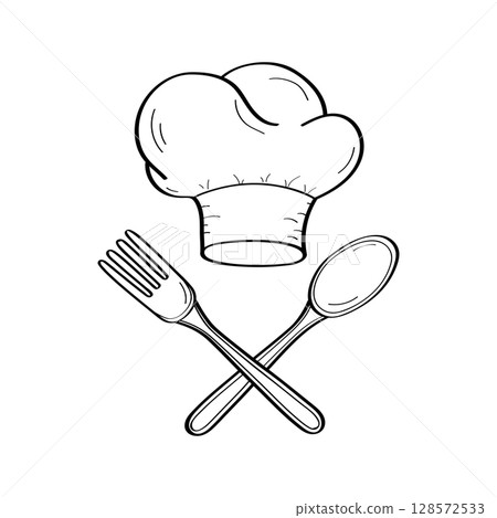 Spoon fork and chef's hat doodle icons. Kitchen chef design logo template. Vector illustration on a white background. Spoon fork and chef's hat doodle icons. Kitchen chef design logo template. Vector illustration on a white background. 128572533
