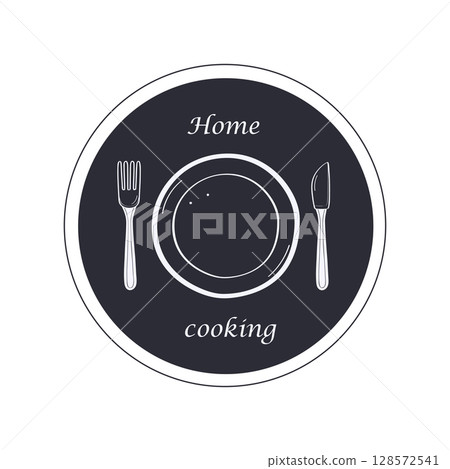 Plate fork and knife doodle icon. Kitchen chef design logo template. Vector illustration on a white background. 128572541