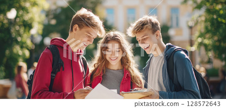 Three cheerful university students, two male and one female, are happily collaborating on their studies outdoors on campus, sharing notes and discussing their work under natural light 128572643