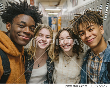 A cheerful and diverse group of high school students, with backpacks, smiling broadly in a school hallway, representing friendship, education, and the positive energy of youth 128572647