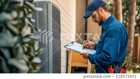 HVAC Technician Performing Maintenance Check on Air Conditioning Unit Outside Home 128572651