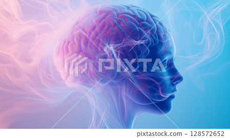 Creative Visualization of a Human Brain Surrounded by Colorful Smoke Depicting Thoughts and Ideas in a Serene Atmosphere 128572652