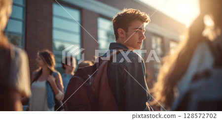 A young student with a backpack looks over his shoulder as he walks outdoors on a sunny campus, capturing a moment of reflection amidst the bustling student life and the warm glow of the setting sun 128572702