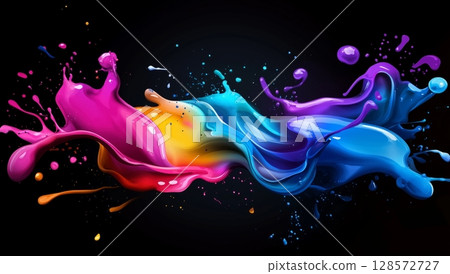 Colorful Splashes of Paint Swirl Together, Creating Vibrant Patterns on a Dark Background Colorful Splashes of Paint Swirl Together, Creating Vibrant Patterns on a Dark Background 128572727