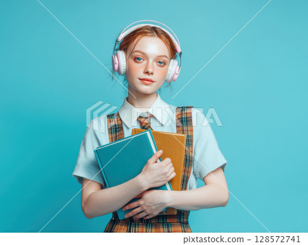 Stylish student wearing pink headphones and school uniform, holding books with a calm expression. Perfect for themes of education, music, and youthful learning against a solid blue background 128572741