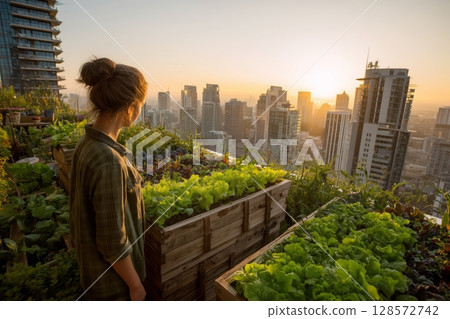Urban Rooftop Garden Flourishing at Sunset With City Skyline in Background 128572742