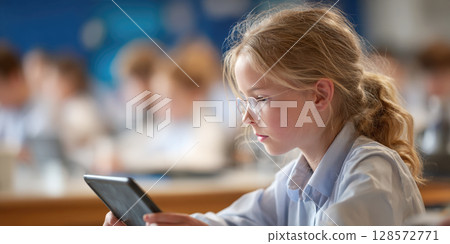 Intently focused young student wearing glasses, absorbed in using a digital tablet in a bright classroom setting, ideal for modern education and technology concepts Intently focused young student wearing glasses, absorbed in using a digital tablet in a bright classroom setting, ideal for modern education and technology concepts 128572771