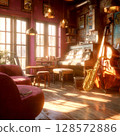 An inviting, sun-drenched music room, complete with a grand piano, double bass, and drum kit, bathed in a warm, nostalgic glow, perfect for creative inspiration and artistic expression 128572886