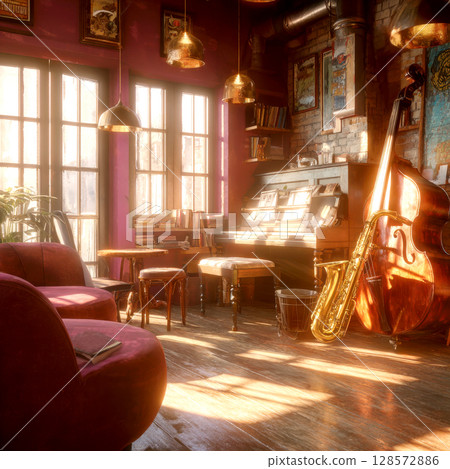 An inviting, sun-drenched music room, complete with a grand piano, double bass, and drum kit, bathed in a warm, nostalgic glow, perfect for creative inspiration and artistic expression 128572886