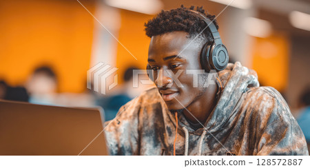 A young man wearing headphones is intently focused on his laptop, suggesting deep concentration while studying, working, or enjoying multimedia content in a modern setting. A young man wearing headphones is intently focused on his laptop, suggesting deep concentration while studying, working, or enjoying multimedia content in a modern setting. 128572887