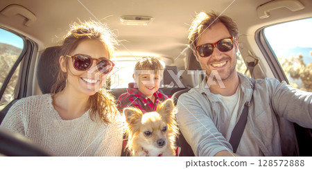 A joyful family, including parents, a child, and a small dog, all wearing sunglasses and smiling broadly from inside a sunlit car, capturing a happy road trip moment 128572888