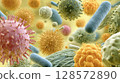 Explore microscopic landscape featuring a diverse array of viruses, bacteria, and other microorganisms. Ideal for health, medical, biological themes, representing infection, disease, microscopic life 128572890