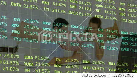 Image of financial data processing over business people shaking hands in meeting 128572896